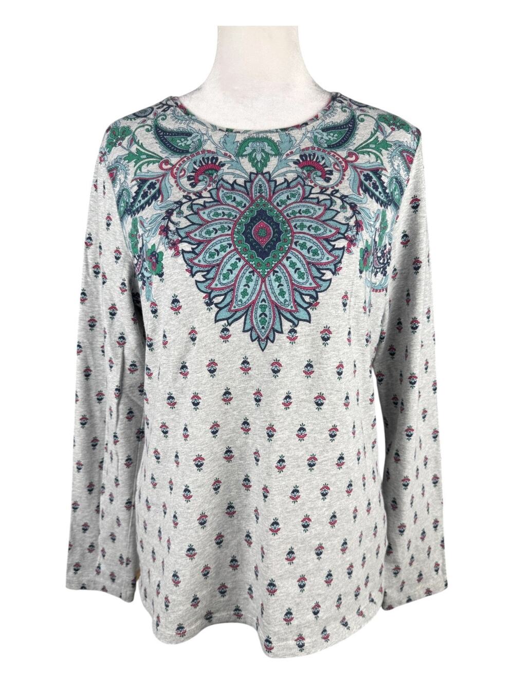 The Talbots Tee M Long Sleeve Top Floral Medallion Print Grey Blue Green